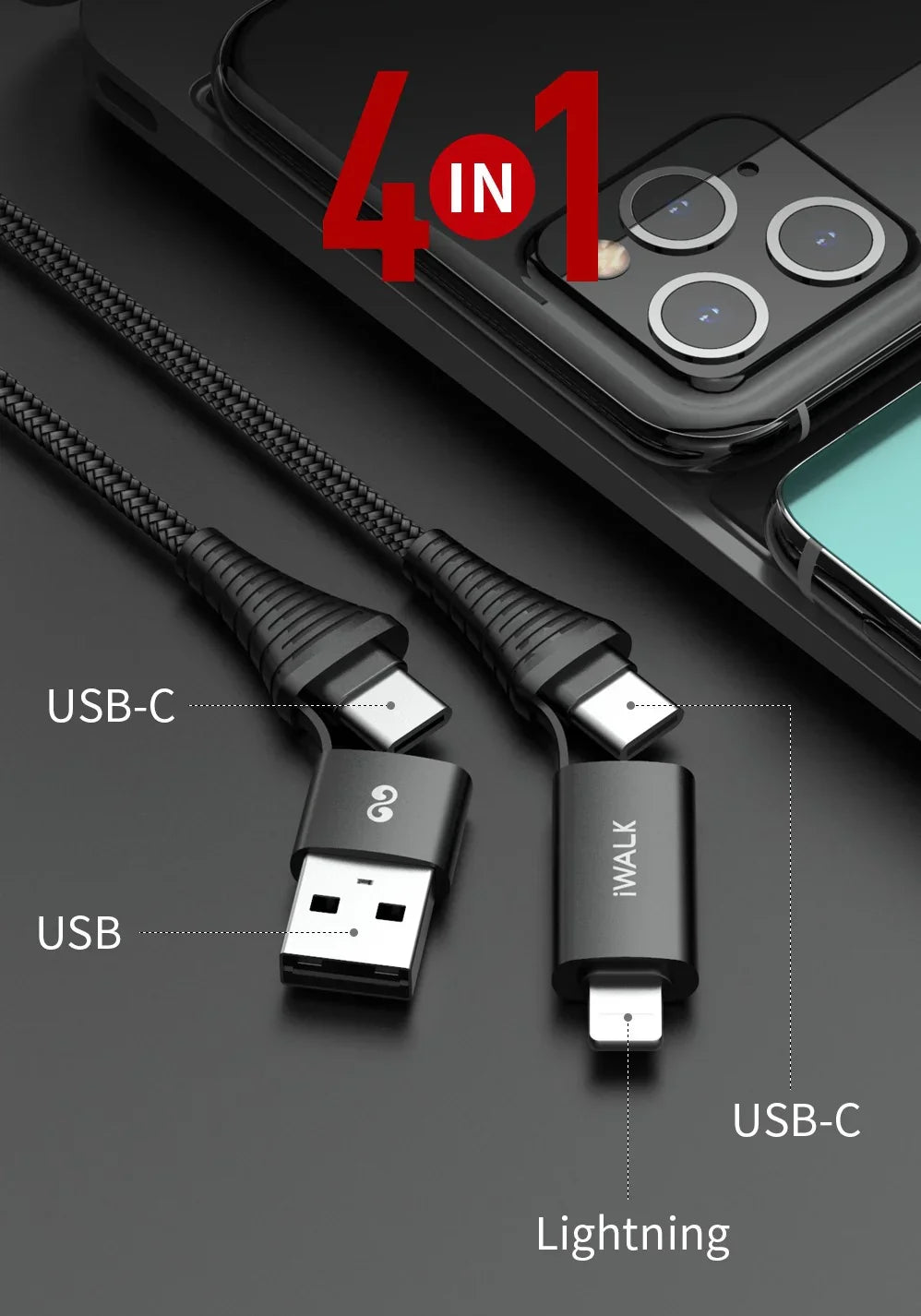 iWalk 60W 4in1 Twister Duo Cable 1M Cable - Black - Tashqila iWalk 60W 4in1 Twister Duo Cable 1M Cable - Black - Tashqila